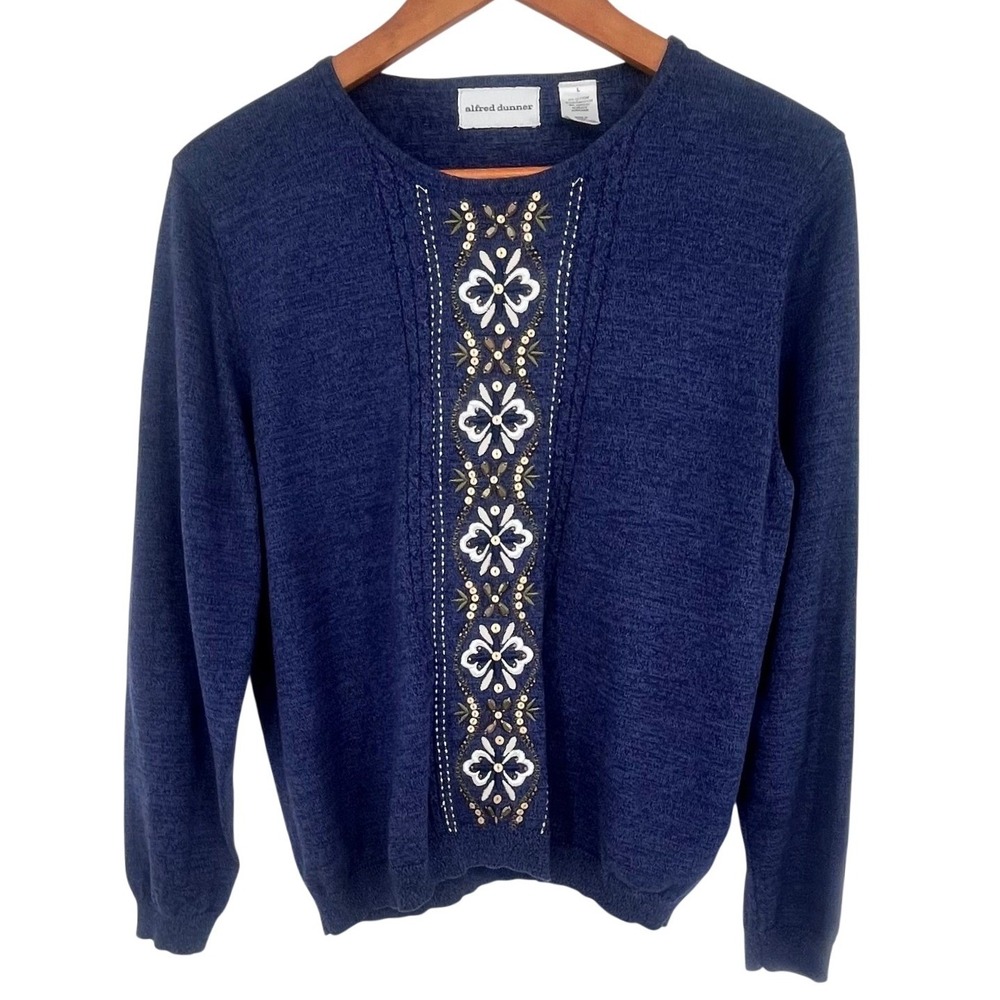Alfred‎ Dunner Sweater Womens Large Blue Floral Embroidered Sequin Cottagecore